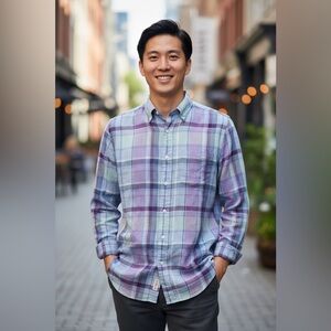 Vineyard Vines Men M Jake Blue Long Sleeve Linen Plaid Classic Fit Murray Shirt